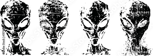 Grunge alien heads set of four extraterrestrial faces with big eyes in black and white textured