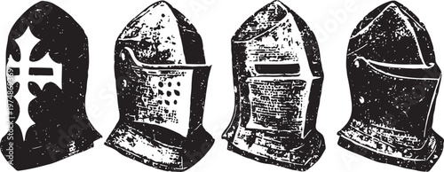Medieval knight helmets collection vintage armor headgear with visors and protective designs