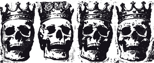 grunge skulls wearing crowns gothic dark design with vintage textured style, eerie and mysterious illustration