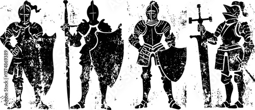 Medieval knights in armor with swords and shields standing in various poses
