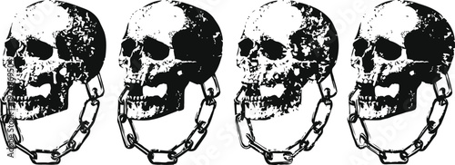 vintage skull illustration with attached chain in black and white