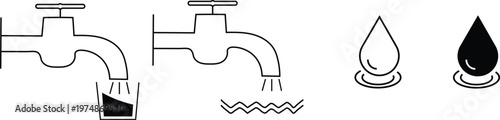 Black and white line art illustrations of water taps and droplets