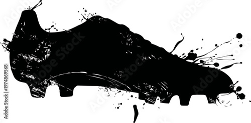 Black soccer cleat silhouette with artistic paint splatter effect on white background