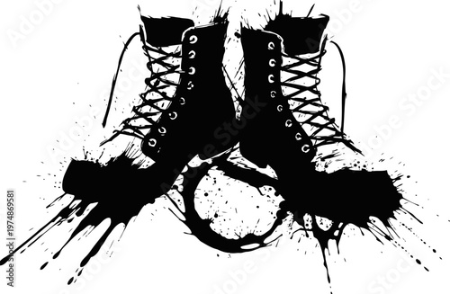 Grunge black boots with laces and paint splatter background, urban street footwear design