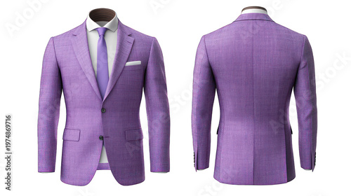 A purple suit jacket on transparent background with white shirt and tie