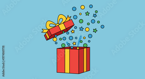 A colorful vector graphic of a gift box with confetti and stars exploding out of it