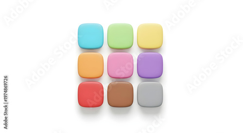 A colorful array of rounded square buttons in various hues on a white background