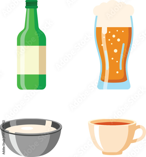 Flat Vector Korean Traditional Alcohol and Drink Set Illustration
