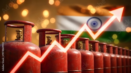 Rising prices of lpg gas cylinders in india indicated by an upward arrow on a flag background.