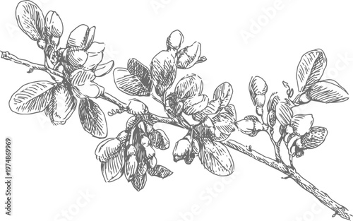 detailed hand drawn botanical illustration of a flowering branch with leaves and buds