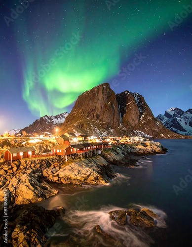 A stunning nighttime landscape featuring a village nestled by a dark body of water with the ethereal Northern Lights overhead