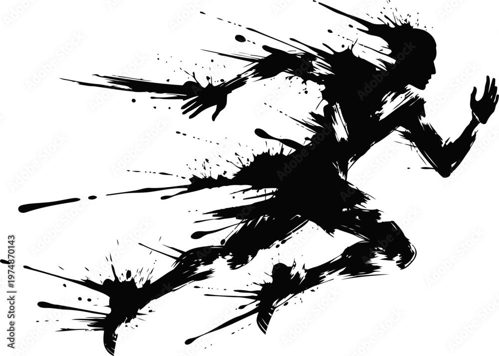 Fototapeta premium Dynamic silhouette of a runner with paint splash effect in black and white, action and speed concept