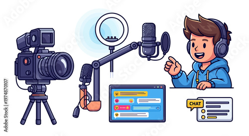 A cartoon man recording a video with a camera, microphone, and computer in a modern studio setup