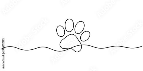 Minimalist continuous line drawing of a simple paw print integrated into a flowing horizontal wave