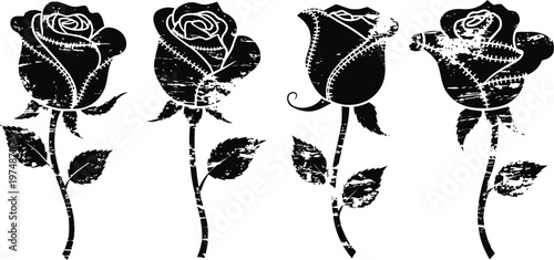 black and white vintage rose illustrations with stitched pattern details on petals and leaves