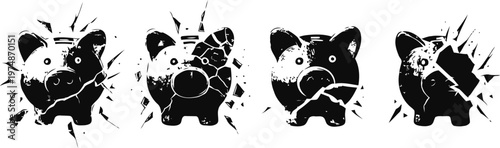 broken piggy banks in various stages of shattering with coins bursting out
