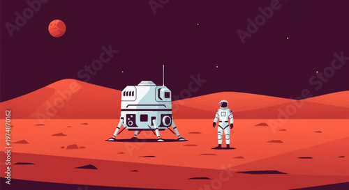 Flat vector illustration of a white astronaut in a spacesuit standing on the red surface of Mars next to a scientific landing module with mountains and starry sky background.