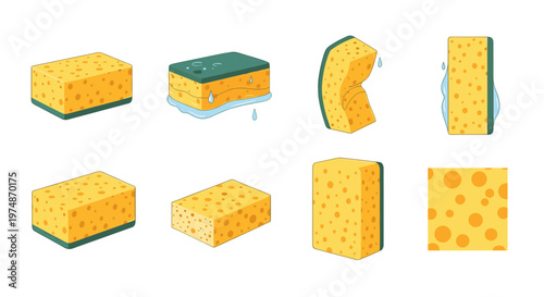 A set of colorful vector illustrations of various sponge shapes and designs