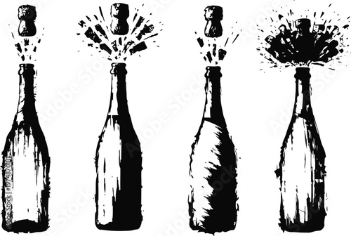 champagne bottles popping corks with celebratory sparkling explosion in varied positions