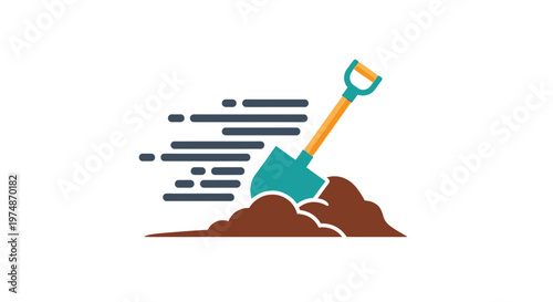 A colorful illustration of a shovel digging into a pile of brown dirt with motion lines in the background