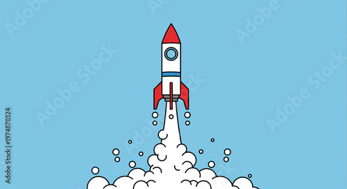 A cartoon rocket ship blasting off into a clear blue sky with white clouds and bubbles