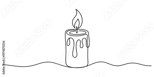 A single continuous line drawing of a burning candle with wax dripping down its thick cylindrical