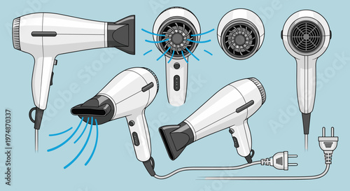 A vector graphic illustration of various hair dryer designs and styles