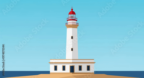 Vector illustration of a white lighthouse with a red top and balcony, situated on a flat coast with a clear blue sky background and deep blue sea in the lower horizon.