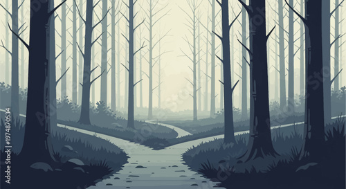 A vector illustration of a misty forest landscape with a path that forks into two diverging directions through dark tree silhouettes and dense fog in a muted color palette.