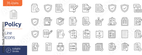 Policy line icons set, legal document outline symbols for compliance, agreement, contract, checklist, audit, governance, business regulation and documentation system