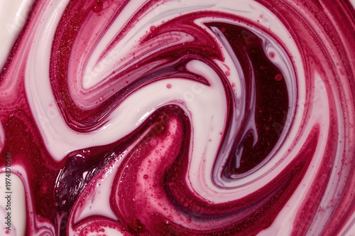 Top view yogurt with berry puree swirl abstract colorful creamy dessert pattern