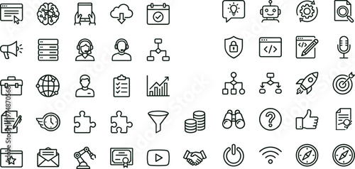 Artificial intelligence workflow outline icon set featuring analytics automation robotics communication interface symbols for web applications dashboards developer platforms