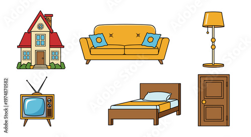 A colorful vector illustration of various household furniture and appliances