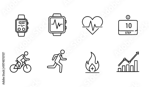 A set of eight line art icons depicting fitness and health related symbols