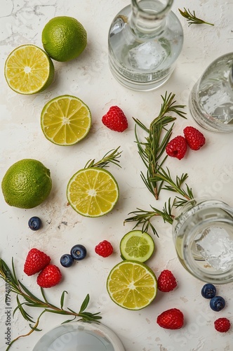 Colorful cocktail ingredients with lime rosemary cucumber berries and tonic water overhead