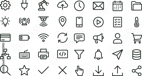 Modern interface workflow outline icon set featuring communication navigation connectivity automation controls symbols for web applications dashboards and mobile platforms