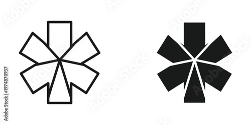 Contrast between a line-drawn and filled geometric starburst design with central square