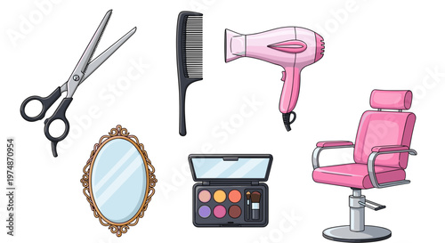 A colorful illustration of hairdressing tools and salon chair on a white background