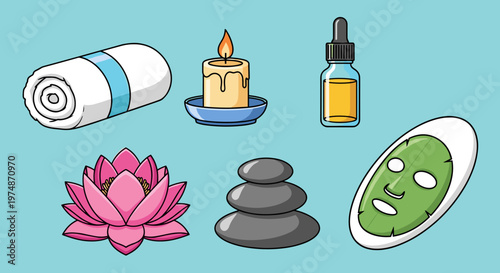 A serene spa illustration featuring various relaxation and wellness elements on a calming background