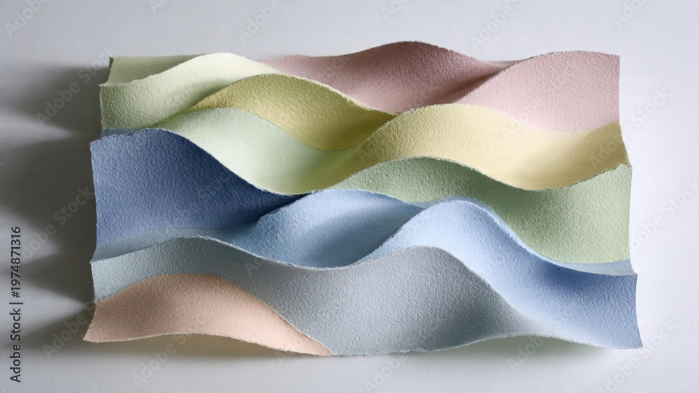 Obraz premium Wavy layers of pastel colored leather sheets in shades of pink, yellow, green, blue, and beige on a gray background