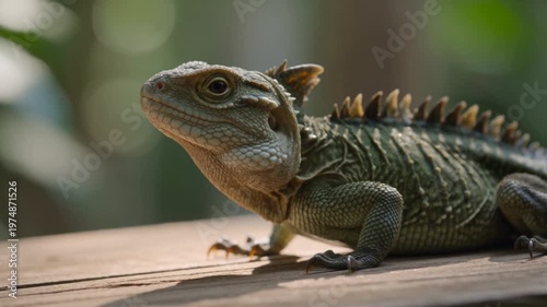 Close-up of a Tuatara reptile with spiky dorsal crest resting on weathered wood, soft green background