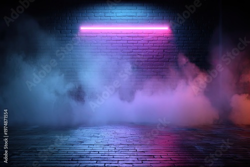 Moody brick wall with neon glow and atmospheric smoke
