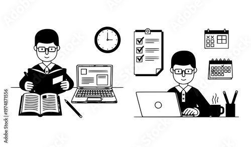 A minimalist vector illustration of two businessmen working at their desks with laptops and calendars