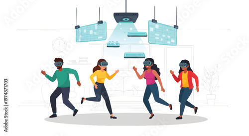 People running under virtual reality headset setup