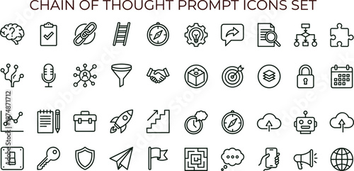 Chain of thought prompt outline icon set featuring reasoning workflow analytics strategy logic interface symbols for productivity dashboards platforms