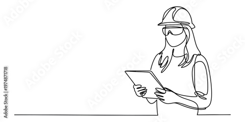Continuous line drawing of a female construction engineer wearing a hard hat and safety goggles