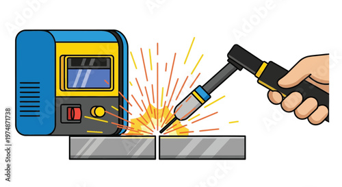 A hand holding a welding torch sparks as it joins two metal pieces with a blue and yellow welding machine