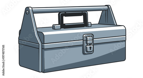 A gray metal toolbox with a handle and latch on a white background