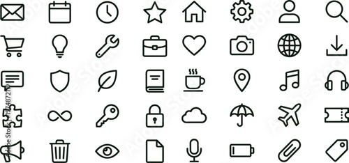 Modern universal outline icon set featuring communication navigation security travel media connectivity symbols for web applications dashboards and mobile platforms