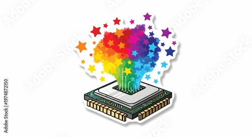 Microchip with colorful explosion of stars and circuit board